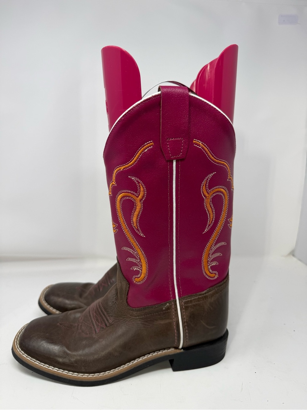 EUC Old West Pink and Brown Western Heeled Boots Sz 6D (SLMBYE)